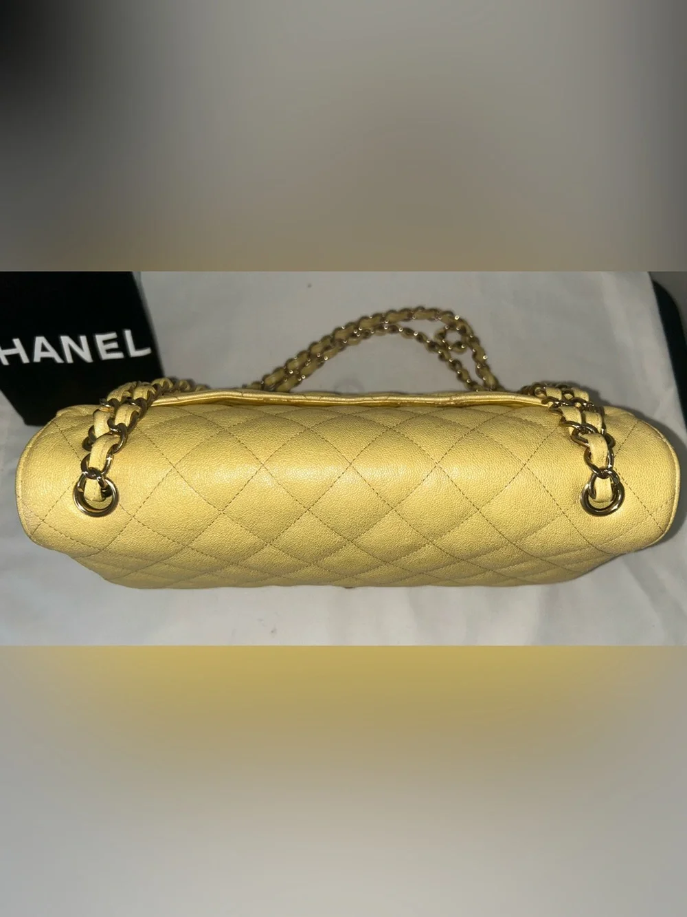 CHANEL 19S Jumbo Double Flap Quilted Caviar Handbag Iridescent Yellow / LGHW